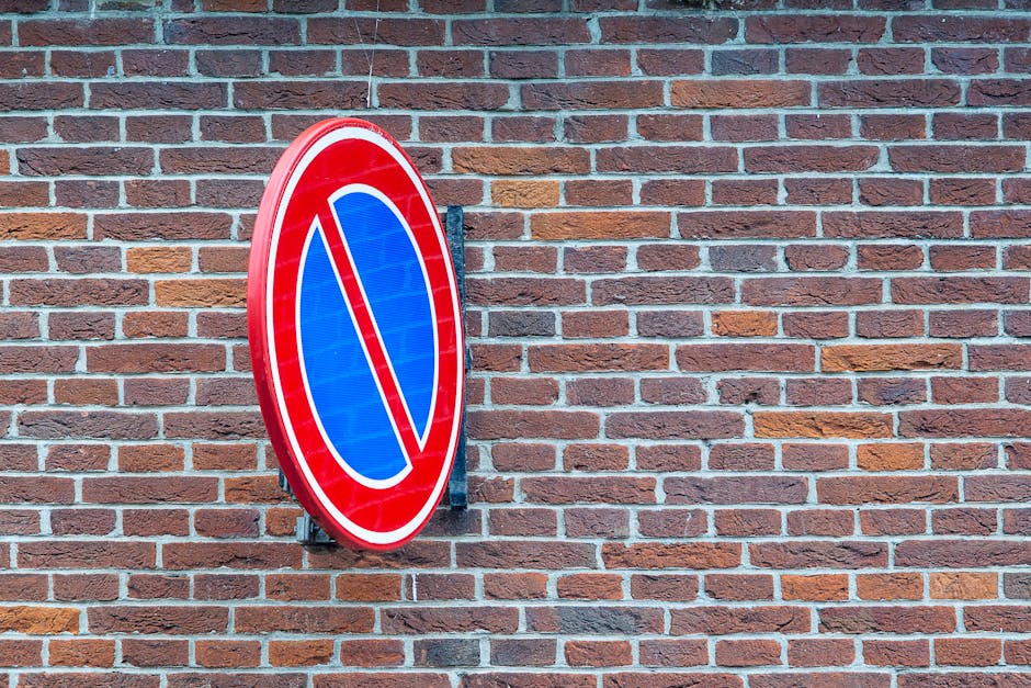 A circular no parking sign is mounted on a black metal bracket attached to a red brick wall. The sign features a blue background with a red border and a prominent red diagonal line crossing through th